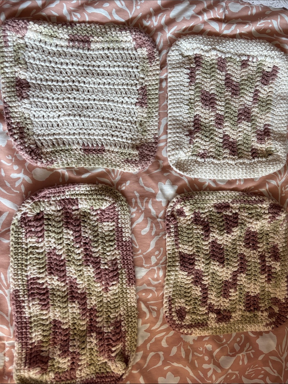 Handmade Crochet Squares in Cream, Dusty Rose & Sage, hot pads or pot holders.